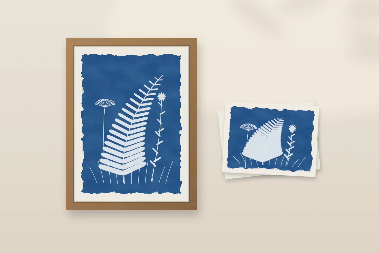 Illustration: a framed print beside a stack of printed cards