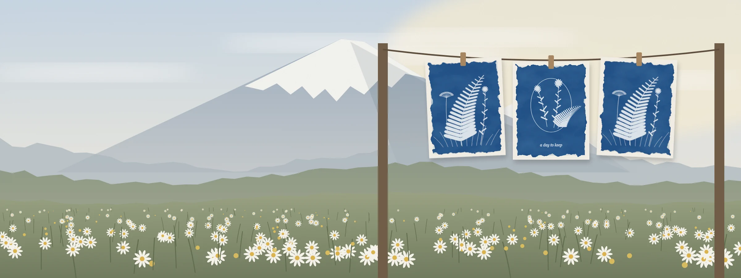 Illustration: Ararat above a meadow of wildflowers, cyanotype prints drying on a line